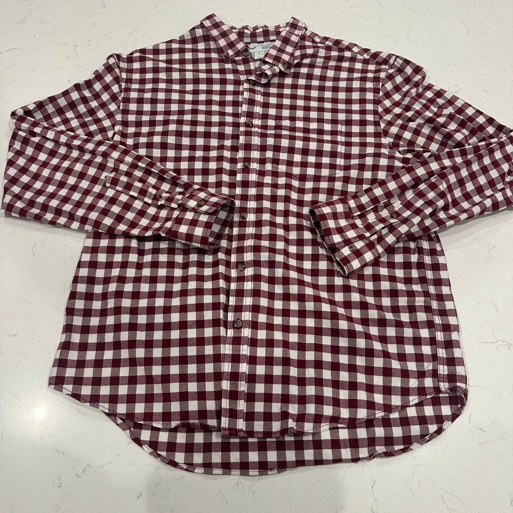 Old Navy Everyday Shirt Mens XL Red White Gingham Check Built-In Flex Button Up